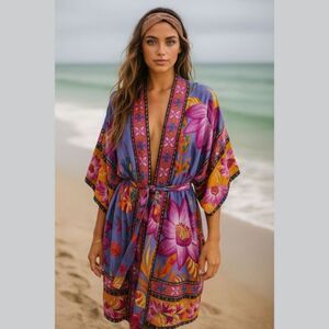 VTG Tropical Floral Kimono Robe L Lounge Boho Wrap Purple Magenta Maxi Duster